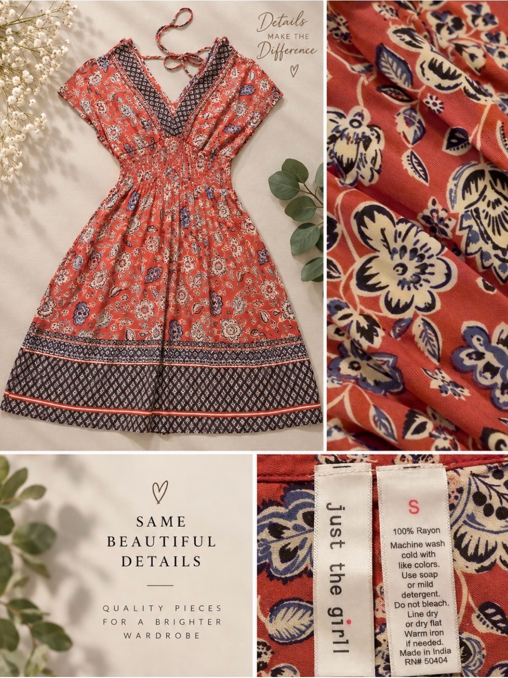 Coral Floral V‑Neck Smocked Waist Midi Dress